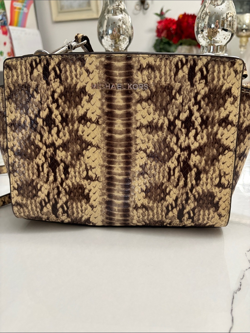 Michael Kors Tan and Dark Brown Snake-Print Crossbody Bag
